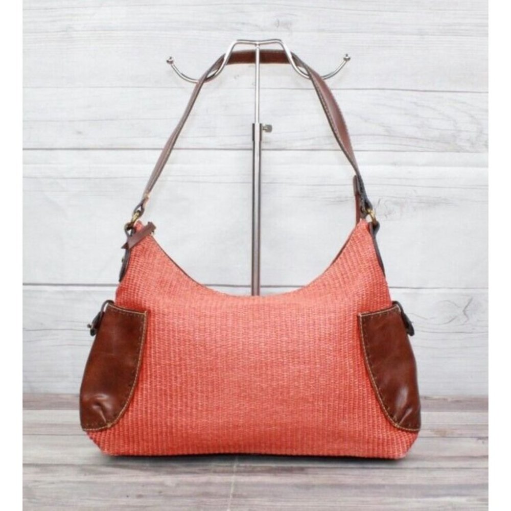 Fossil Brown Leather Strap Orange Woven Straw Lined Purse Shoulder Hobo Bag - Picture 2 of 9